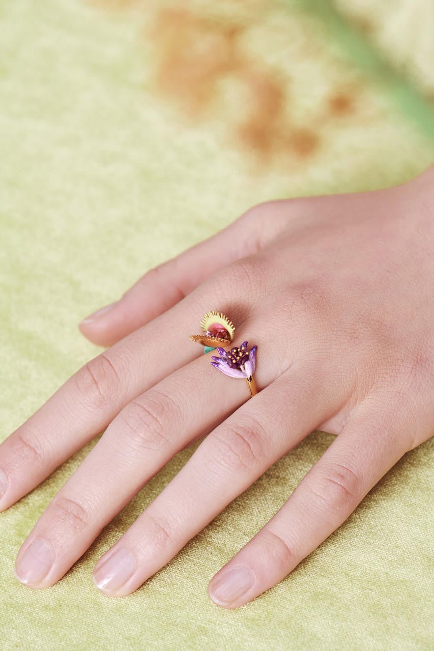 Tropical Flower And Pink Faceted Crystal Stone Adjustable Ring | AOOC6061 - Les Nereides