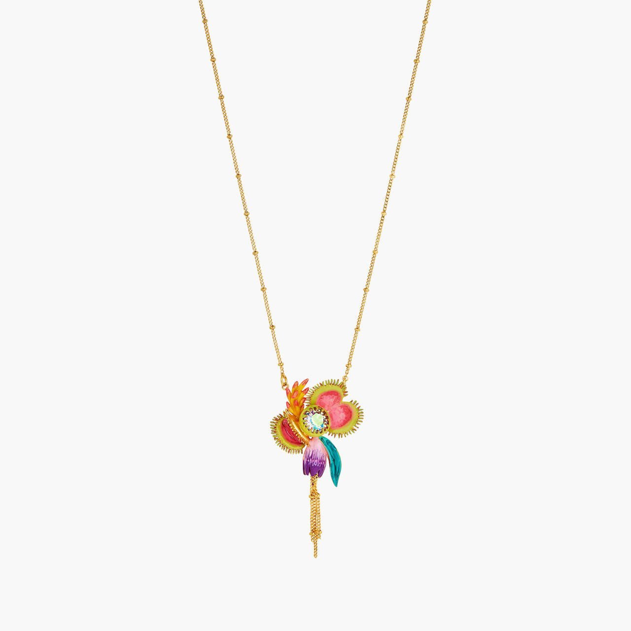 Tropical Flowers And Faceted Crystal Stone Pendant Necklace | AOOC3101 - Les Nereides
