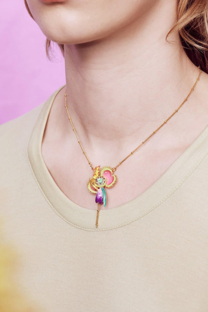 Tropical Flowers And Faceted Crystal Stone Pendant Necklace | AOOC3101 - Les Nereides