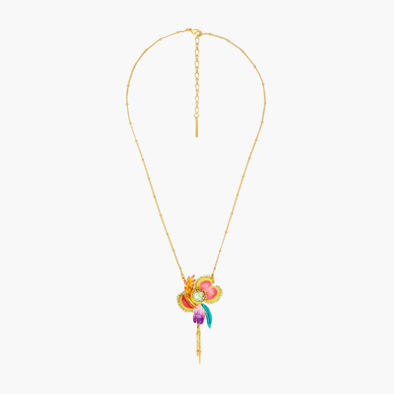 Tropical Flowers And Faceted Crystal Stone Pendant Necklace | AOOC3101 - Les Nereides