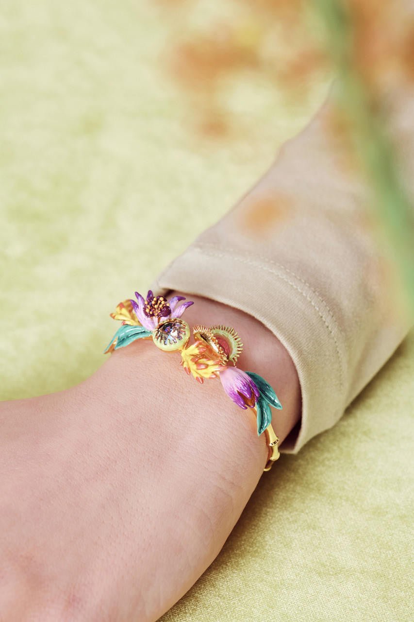 Tropical Flowers Bouquet And Faceted Crystal Stone Bangle Bracelet | AOOC2061 - Les Nereides