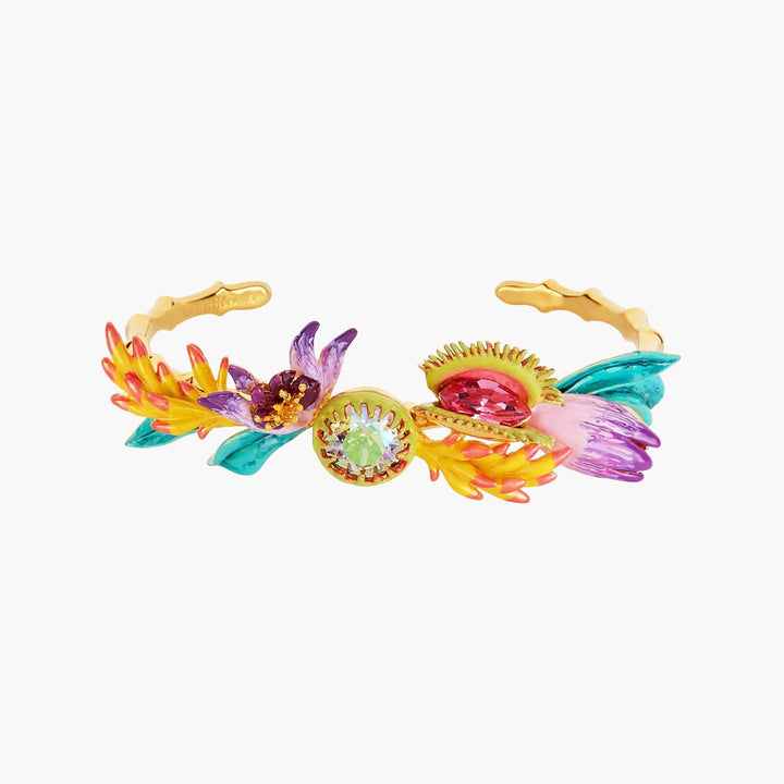 Tropical Flowers Bouquet And Faceted Crystal Stone Bangle Bracelet | AOOC2061 - Les Nereides