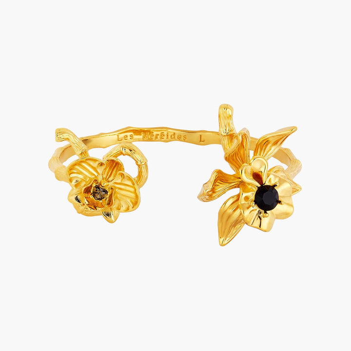 Two Flamboyant Orchids And Faceted Crystal Stone Bangle Bracelet | AOOC2051 - Les Nereides