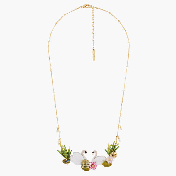 Two Swans In Love Among Water Lilies Collar Necklace | AKCY301 - Les Nereides