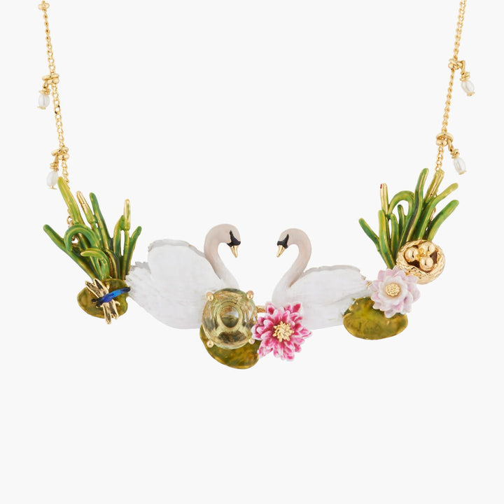 Two Swans In Love Among Water Lilies Collar Necklace | AKCY301 - Les Nereides