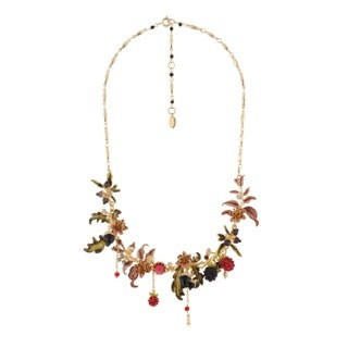 Vegetation Doree Clématis, Acorns And Oak Leaf With Red Crystal Stone & Leaves Necklace | AEVD3011 - Les Nereides