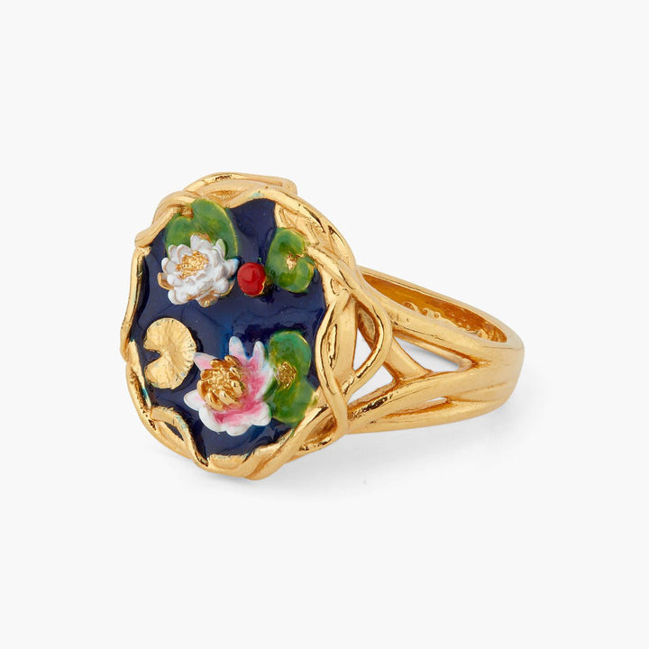Water Lily And Lily Pad Pond Cocktail Ring | AQJF6031 - Les Nereides