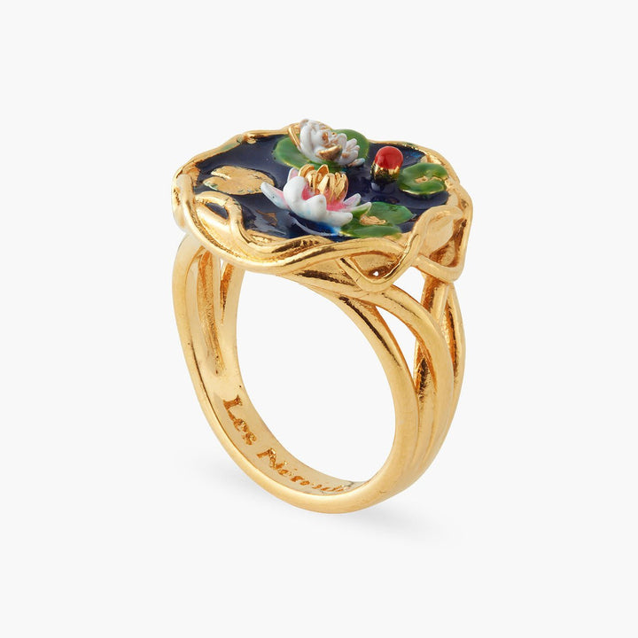 Water Lily And Lily Pad Pond Cocktail Ring | AQJF6031 - Les Nereides