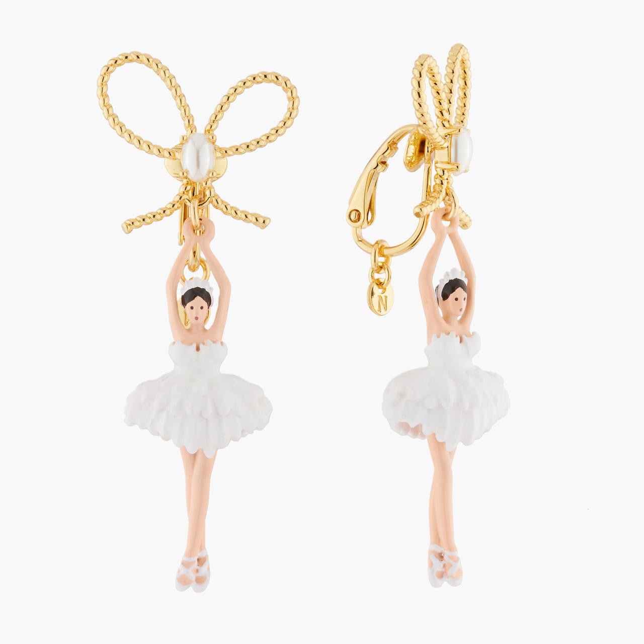 White Ballerina, Gold Ribbon And Feather Tutu Earrings | AKDD108C/1 - Les Nereides