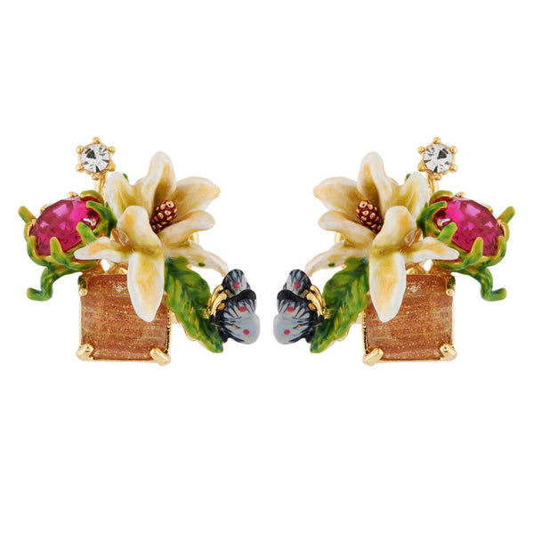 White Flower On Carved Crystal, Butterfly And Rhinestones Earrings | AHPV1041 - Les Nereides