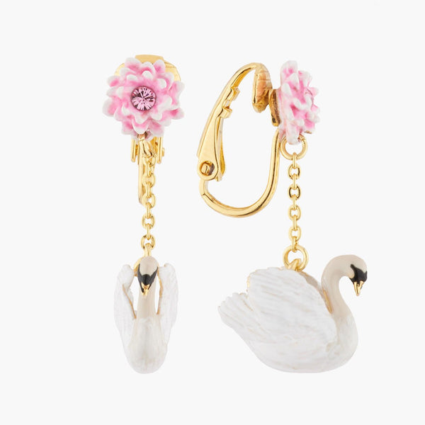 White Swan And Pink Water Lily Earrings | AKCY102C - Les Nereides
