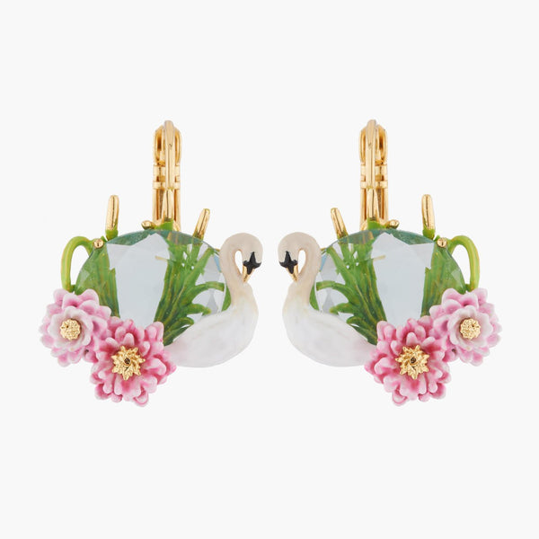 White Swan With Water Lilies And Stone Dormeuse Earrings | AKCY104 - Les Nereides