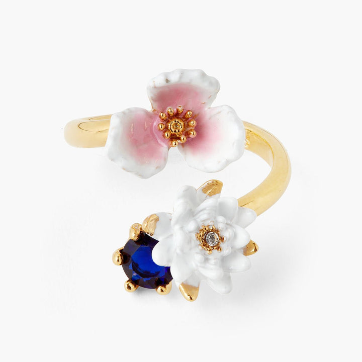 White Water Lily On Blue Stone And Pink Water Plantain Adjustable Ring | AQJF6011 - Les Nereides