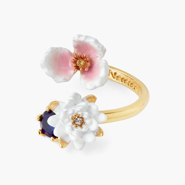 White Water Lily On Blue Stone And Pink Water Plantain Adjustable Ring | AQJF6011 - Les Nereides