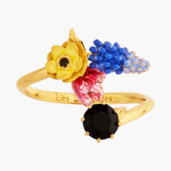 Winter Blooming Bouquet On A Black Stone Adjustable Rings | AMBH6021 - Les Nereides