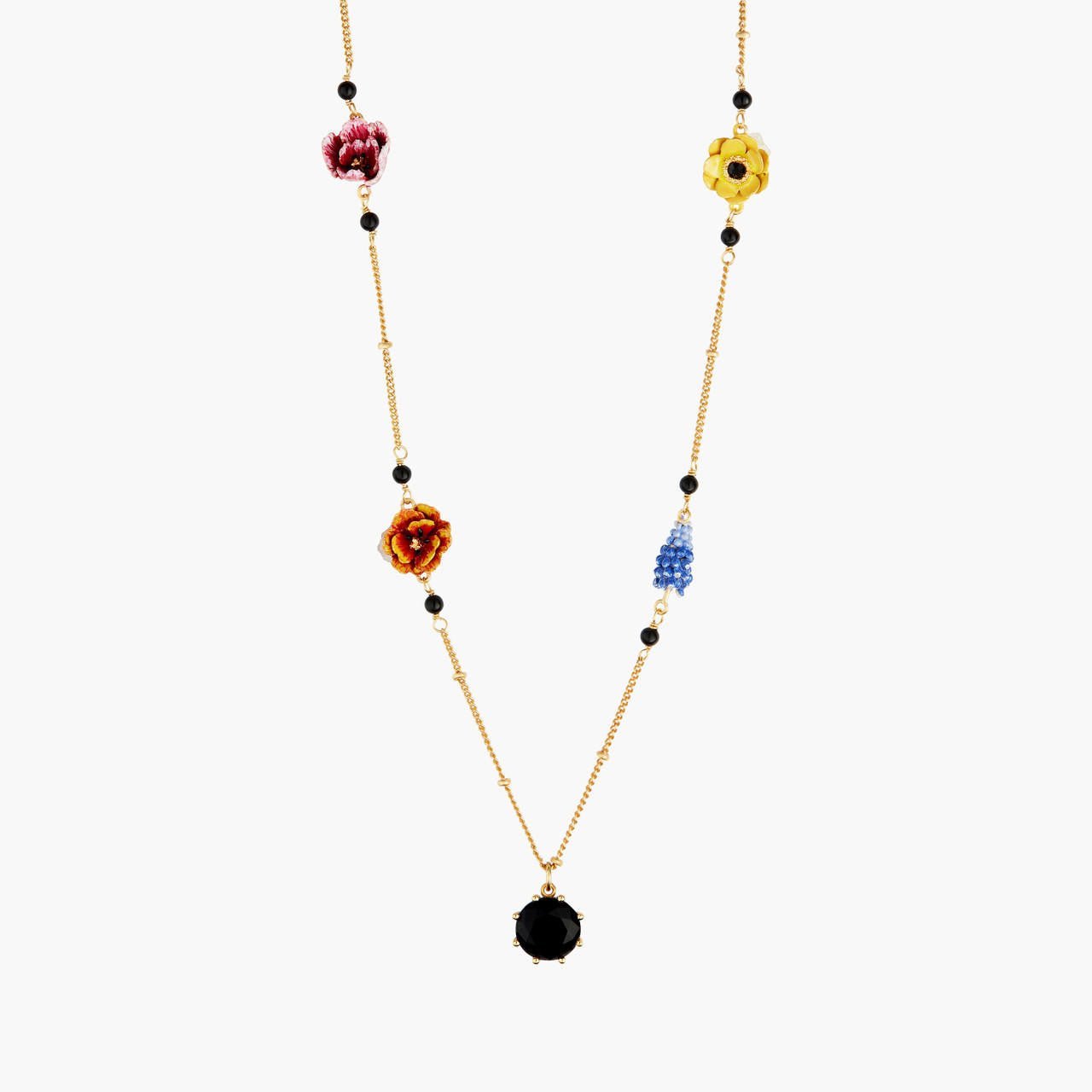 Winter Blooming Bouquet On A Black Stone Long Necklace | AMBH3031 - Les Nereides