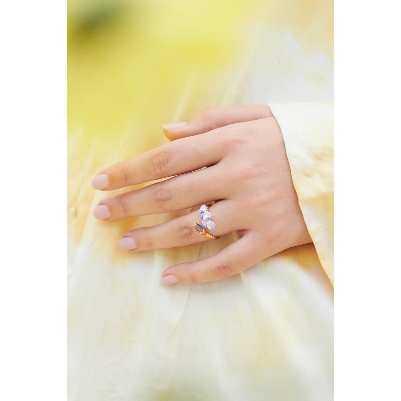 Wisteria Flowers And Purple Crystal Adjustable Rings | ANOF6011 - Les Nereides
