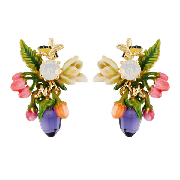 With Berries, Bee On Carved Crystal And White Flower Earrings | AHPV1071 - Les Nereides