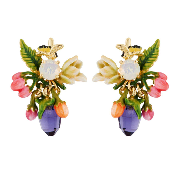 With Berries, Bee On Carved Crystal And White Flower Earrings | AHPV1071 - Les Nereides