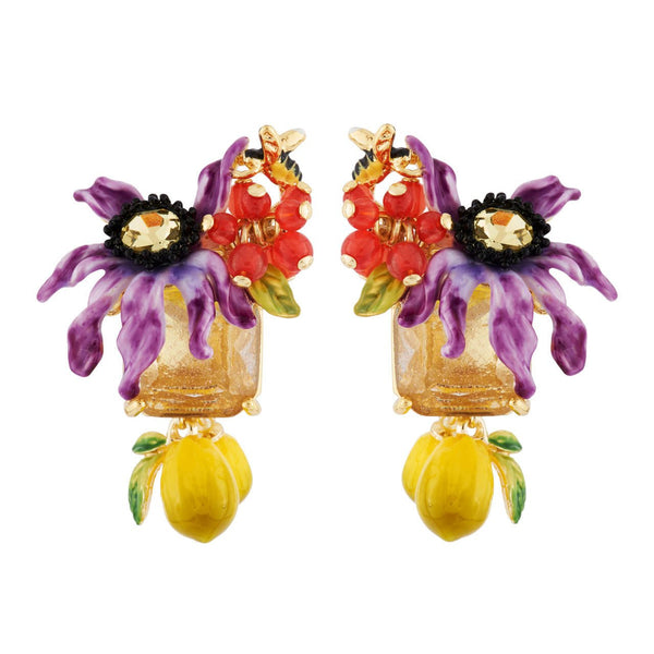 With Purple Flower On Carved Crystal And Lemons Earrings | AHPV1021 - Les Nereides