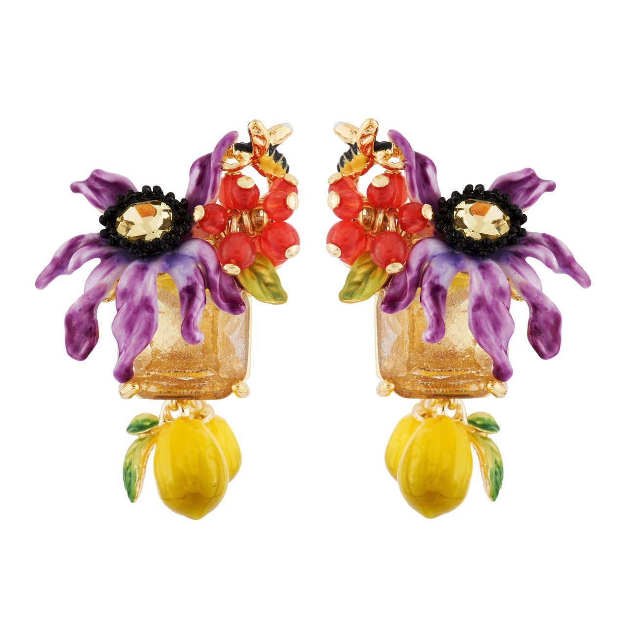 With Purple Flower On Carved Crystal And Lemons Earrings | AHPV1021 - Les Nereides